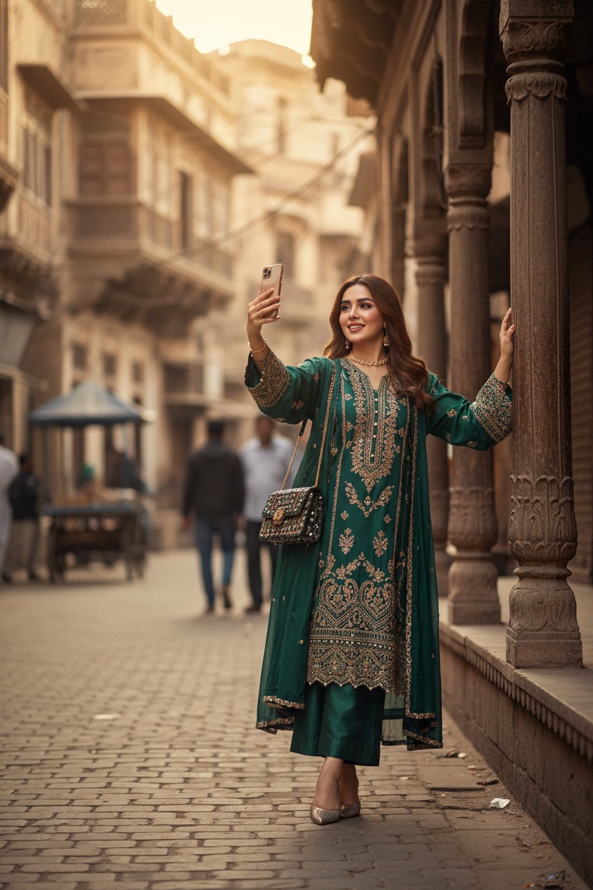 A woman wearing a green embroidered traditional outfit takes a selfie with her smartphone while standing on a cobblestone street lined with historic buildings.